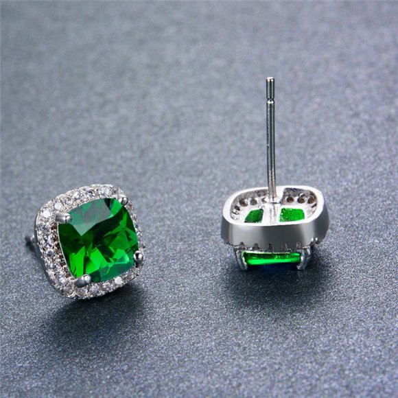 Green Emerald Diamond Halo Earrings Ear Ring - Picture 3 of 4